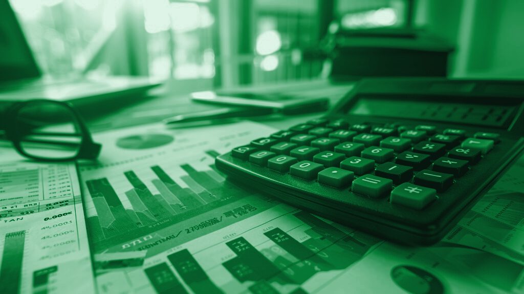 A calculator and printed financial charts on a desk