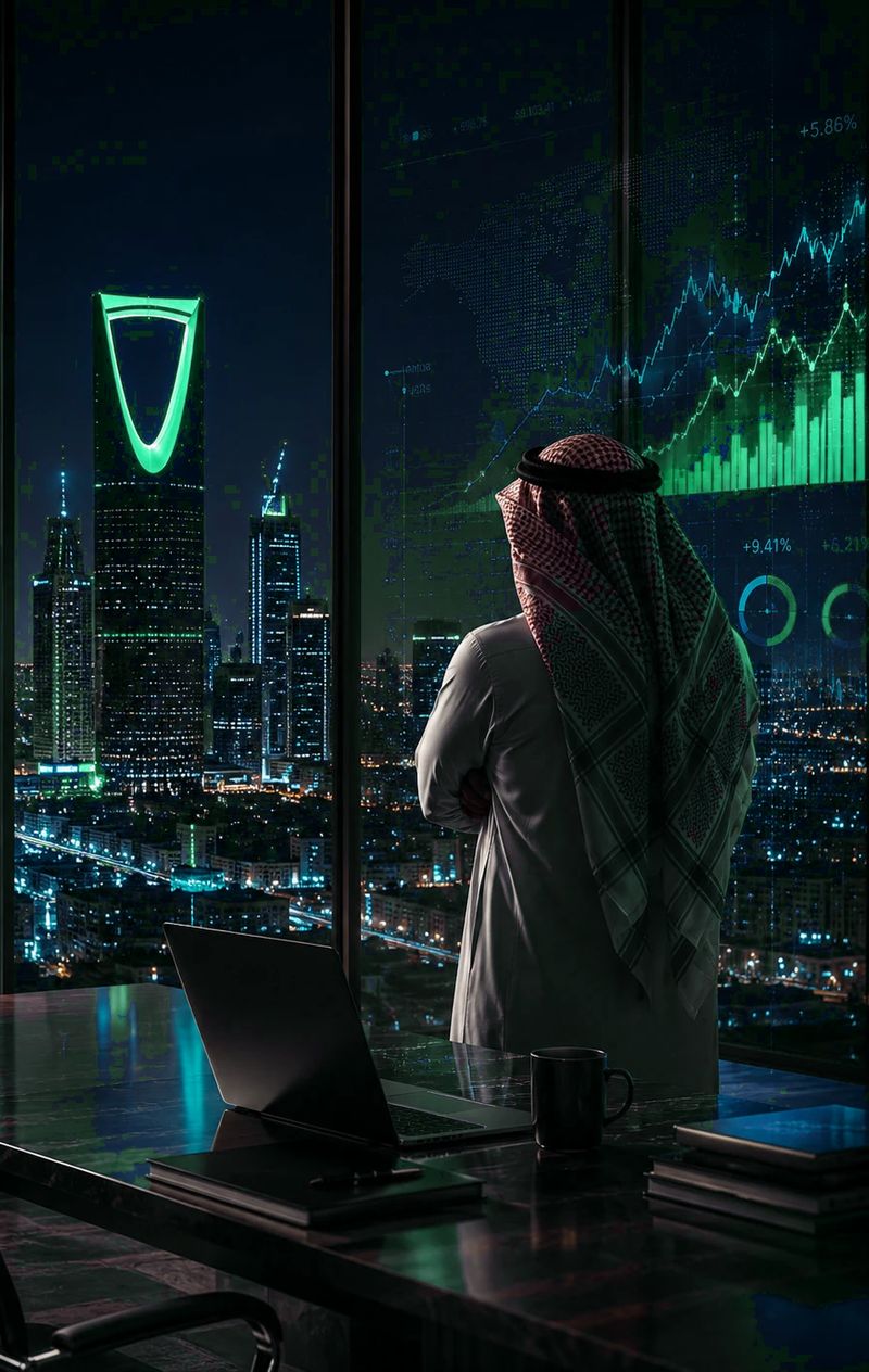 A business leader looking out over the Riyadh skyline at night, with financial charts on the glass in front of him